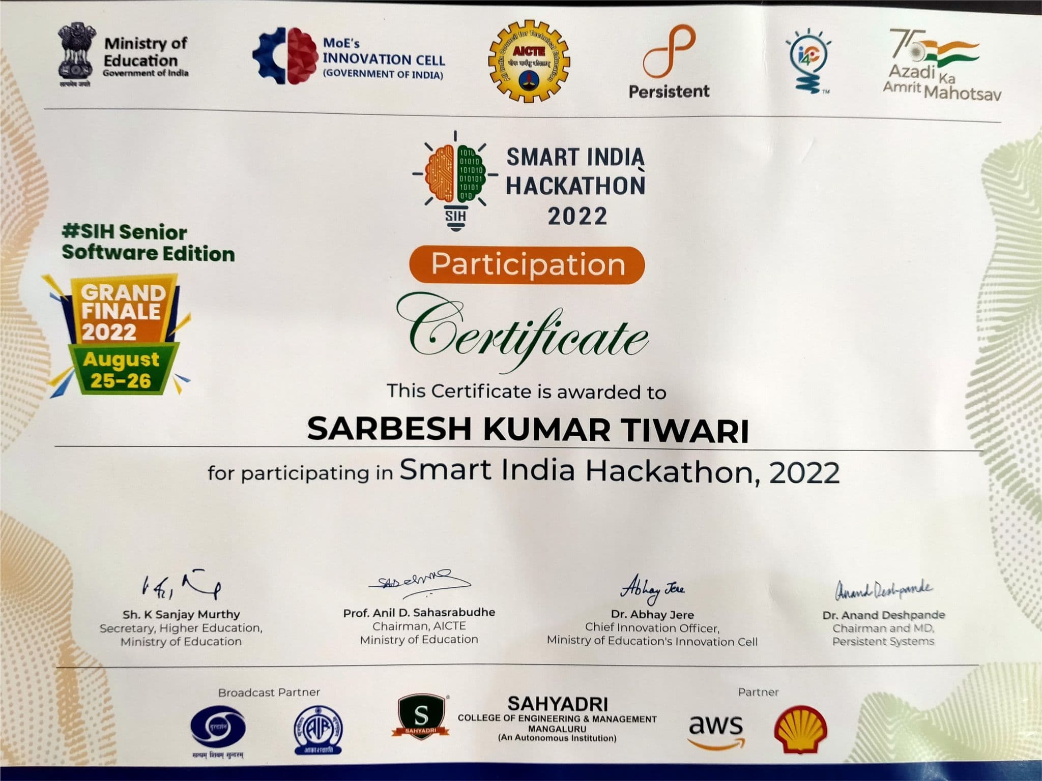 Smart India Hackathon Finalist certificate