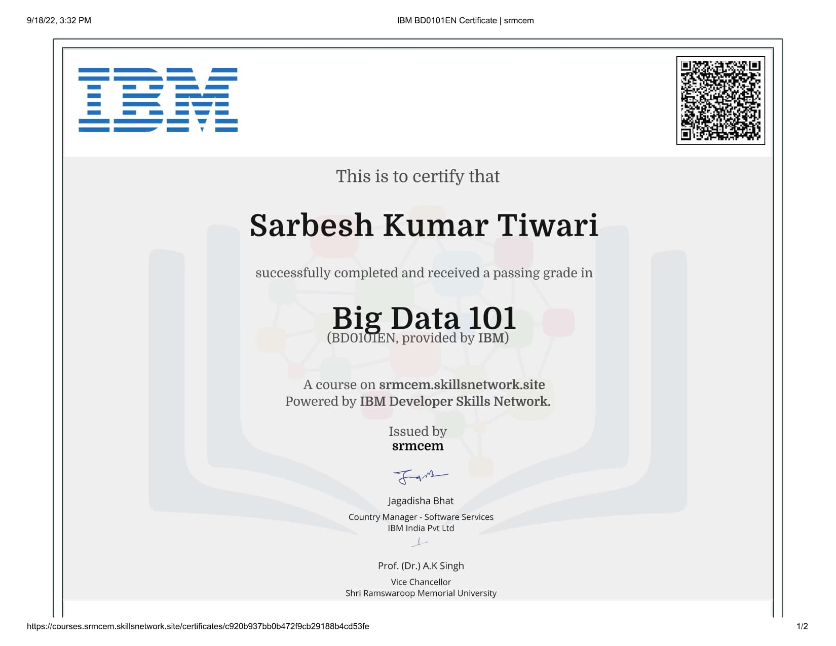 Big Data 101 certificate