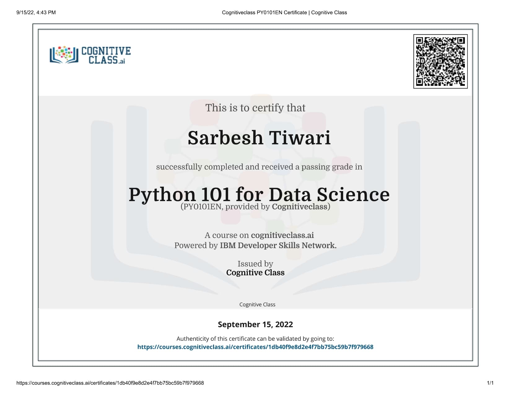 Python for Data Science certificate