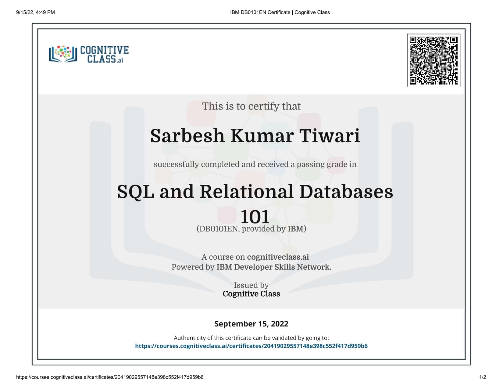 SQL and Relational Databases 101 certificate