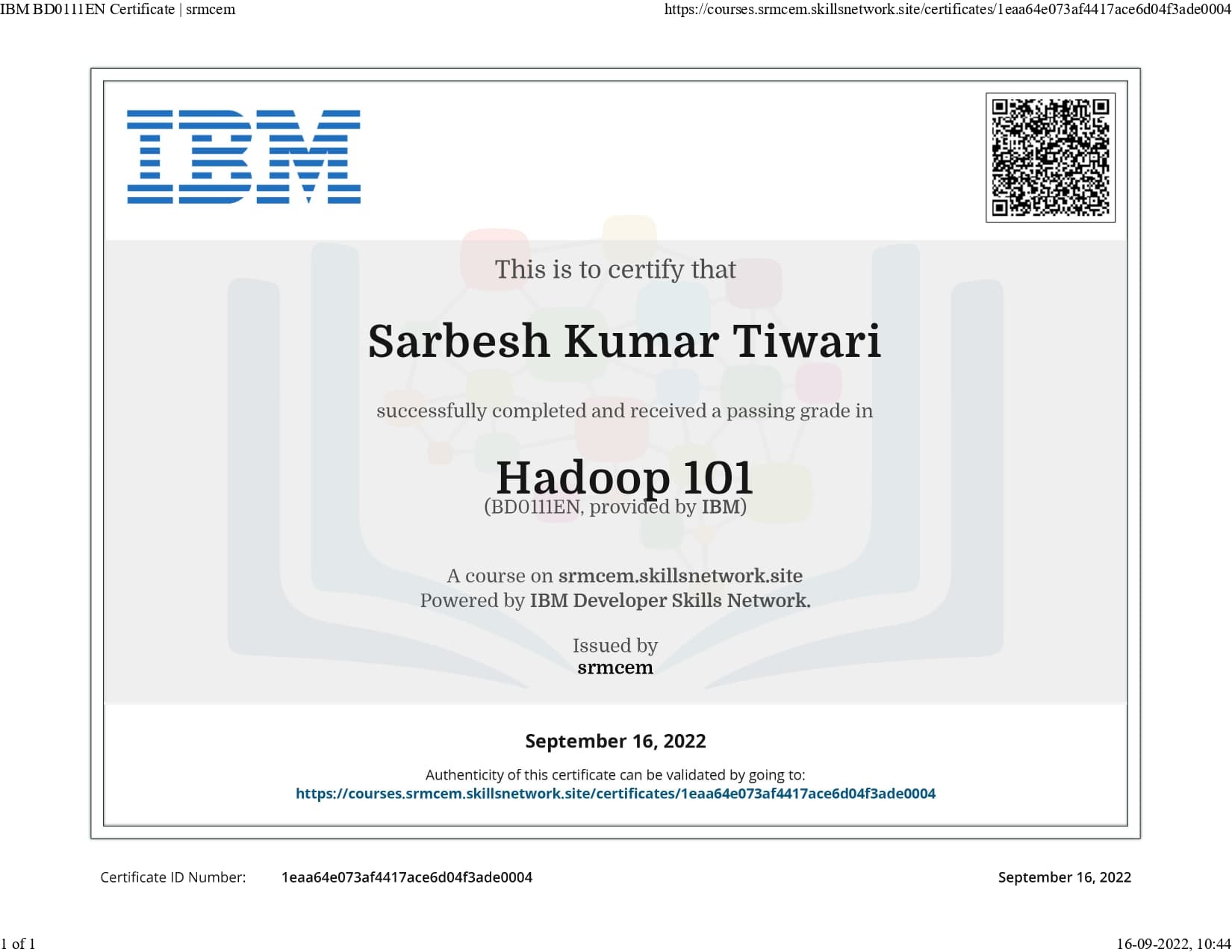 Hadoop 101 certificate
