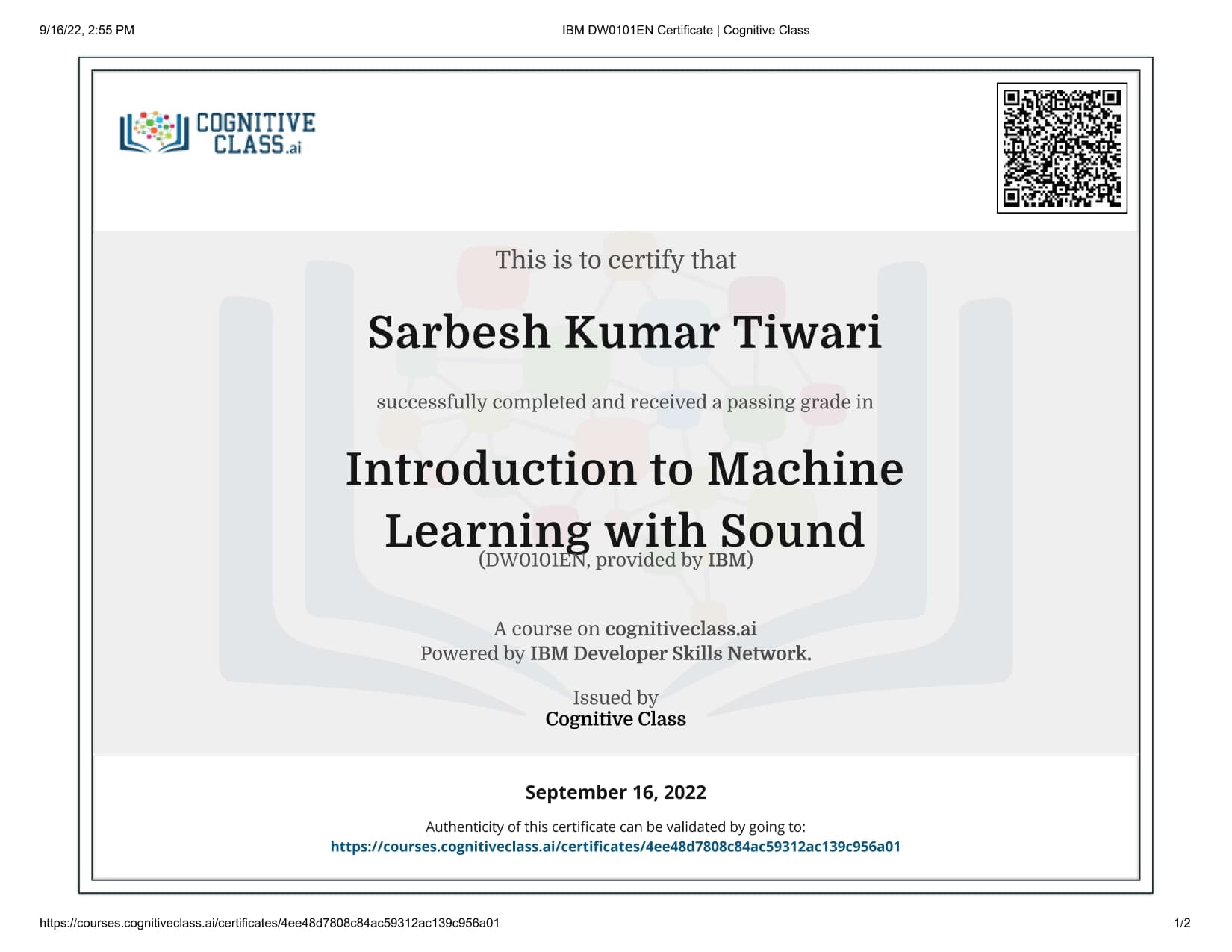 Introduction to Machine Learning with Sound certificate