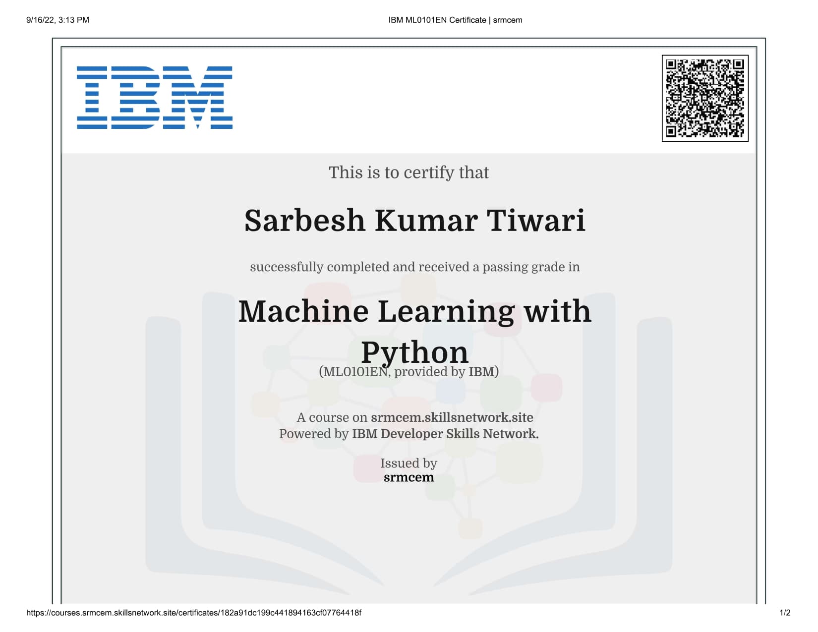 Machine Learning with Python certificate