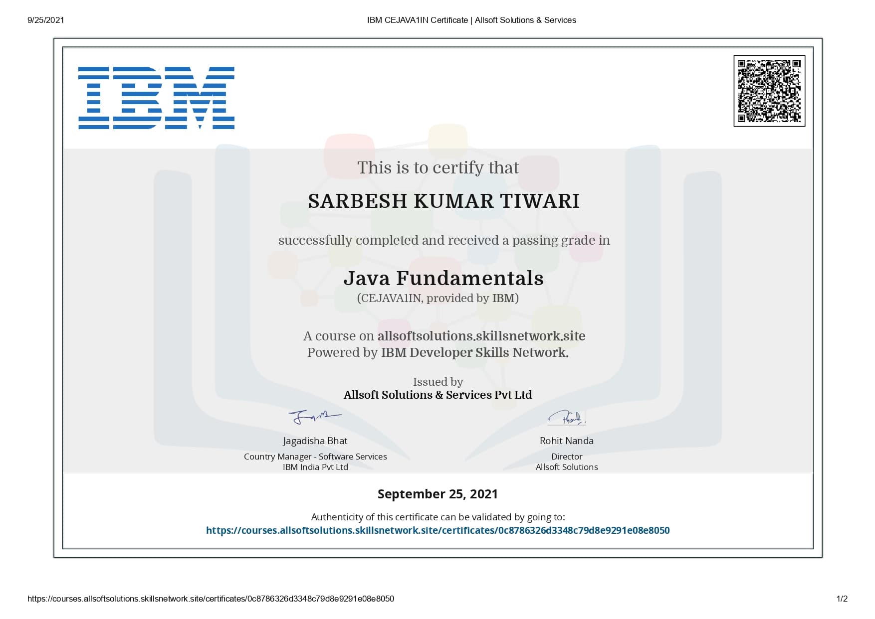 Java Fundamentals certificate