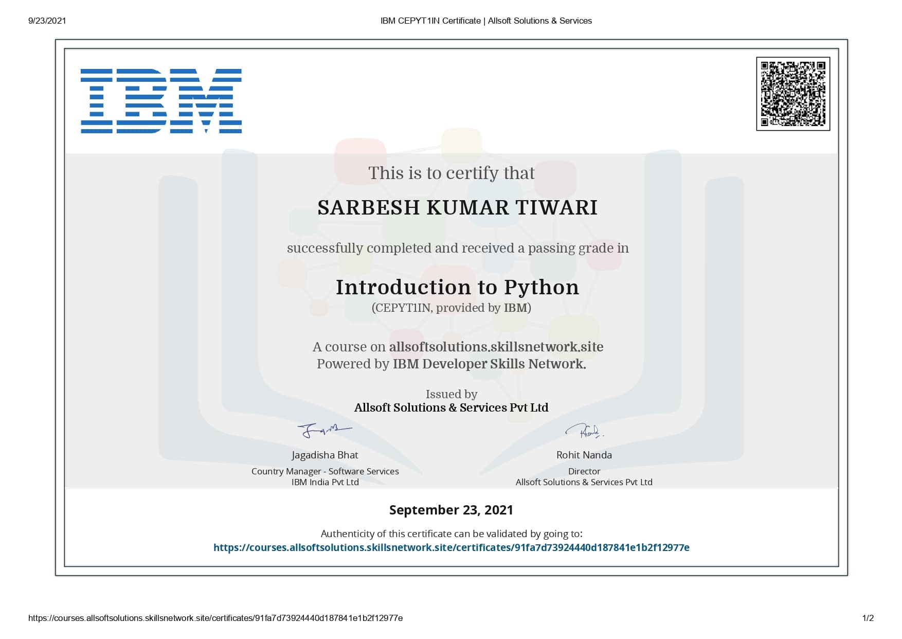 Introduction to Python certificate