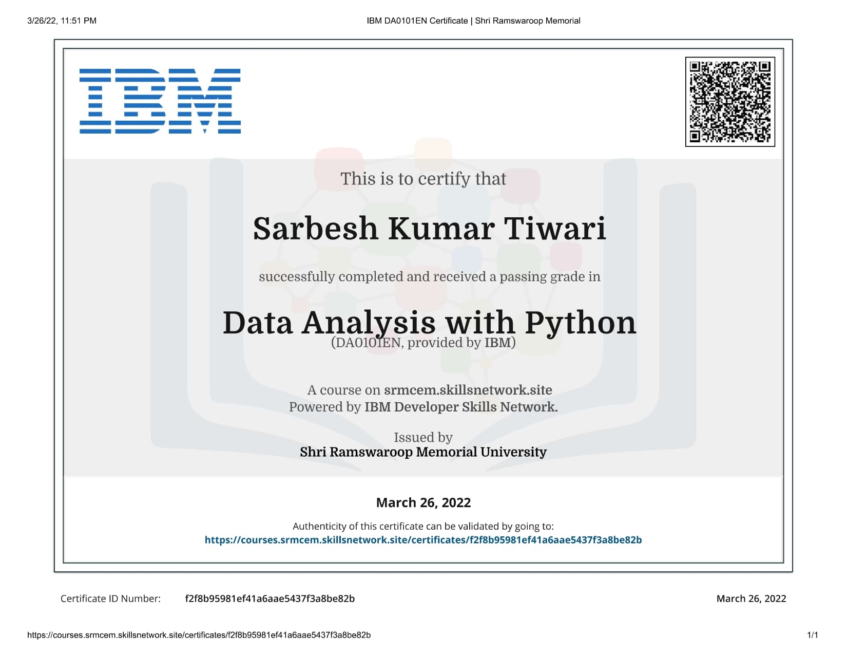 Data Analysis with Python certificate